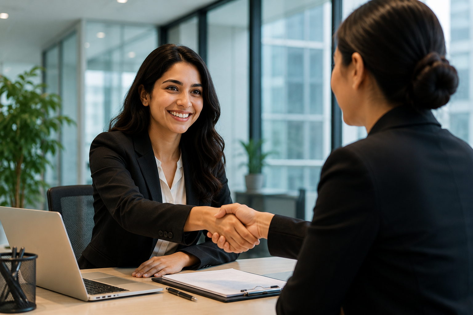 Two professionals meeting across a desk in a modern office